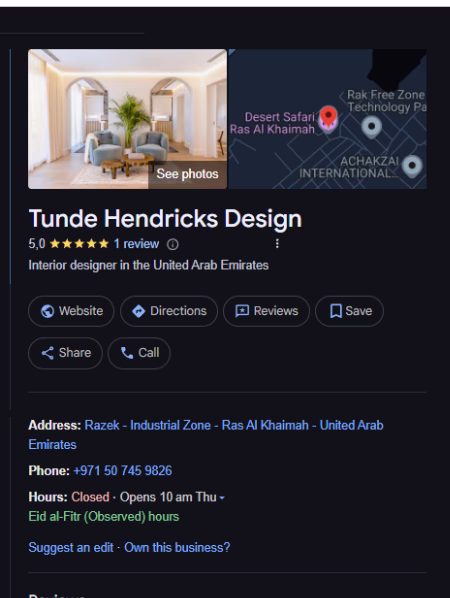 Tunde Hendricks Design Google Business profile managed by Clear Coast Solutions