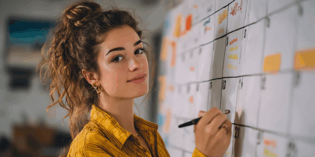 Person standing in front of a calendar board, planning a weekly social media posting schedule