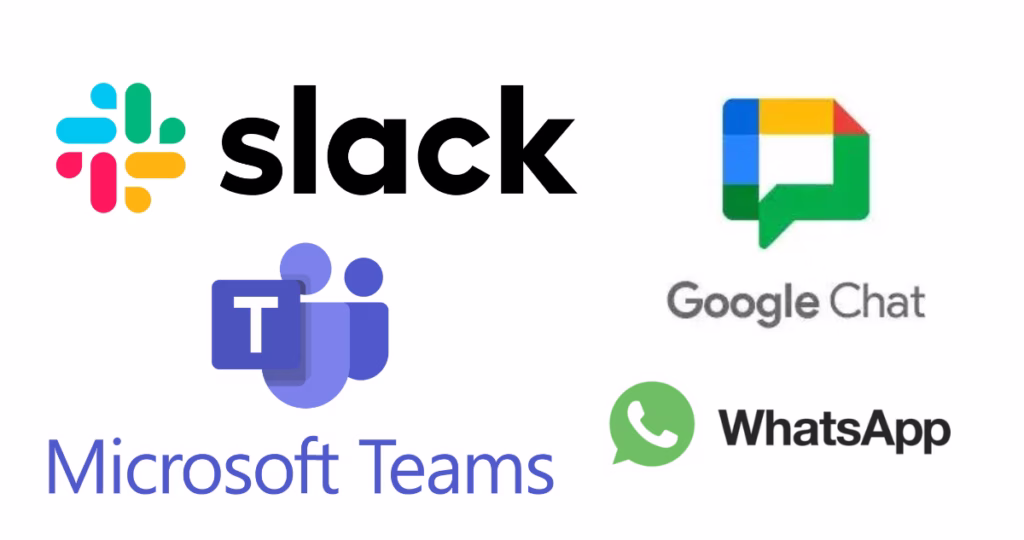 Logos of popular communication tools for small businesses: Slack, WhatsApp, Microsoft Teams, and Google Chat.