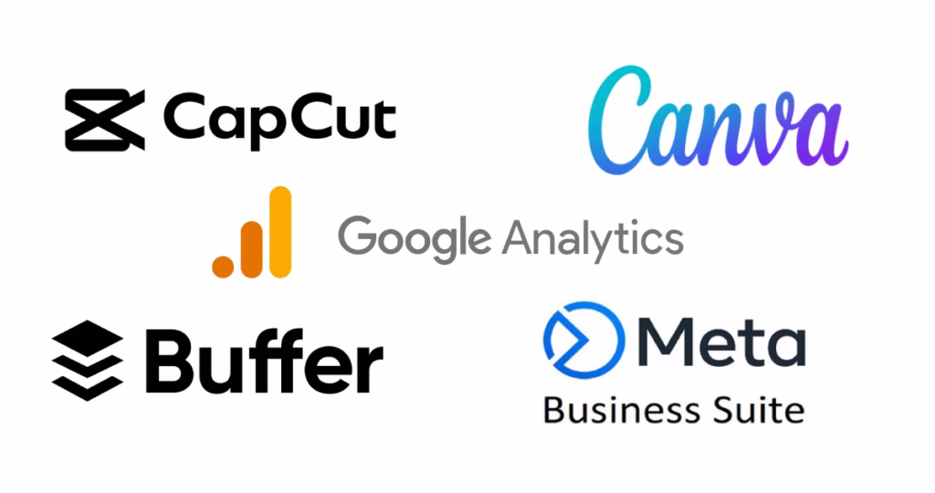 Logos of popular marketing tools for small businesses: Buffer, Canva, Google Analytics, CapCut, and Meta Business Suite.

