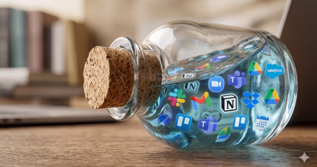 A literal cork stuck in a glass bottle holding tiny floating icons for Slack, Gmail, and Zoom, representing the lack of Business SOPs and an operational bottleneck.