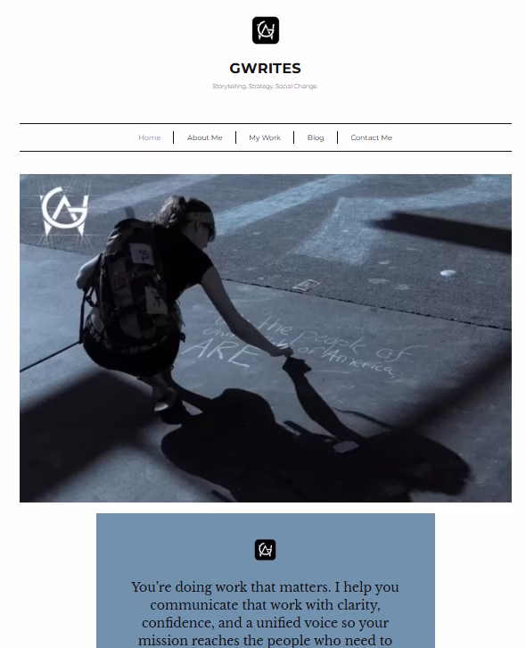 The new Gwrites.com homepage featuring a minimalist, high-performance design for Genie Gratto’s executive storytelling.
