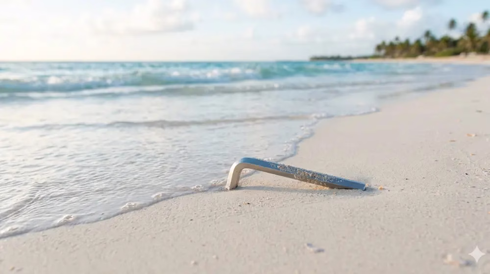 A silver IKEA Allen key resting on a pristine white sand beach with ocean waves, representing business systems and operational freedom