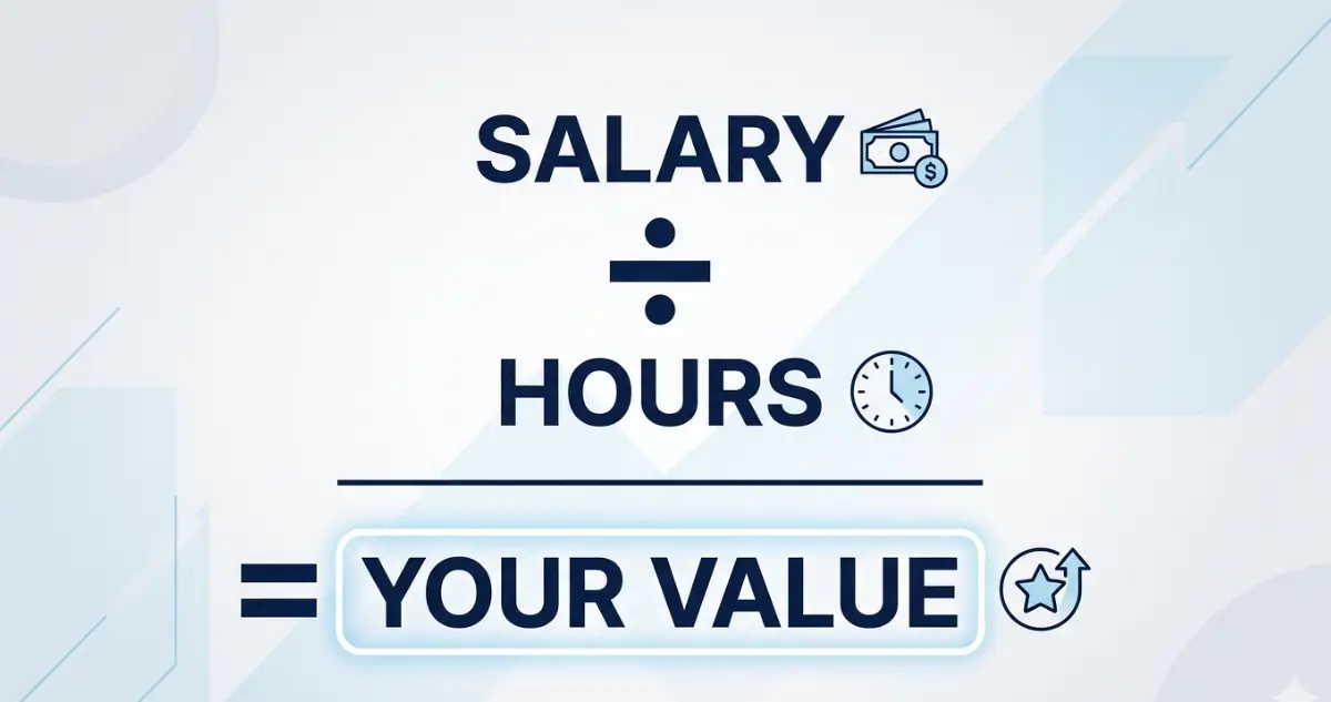 A calculation graphic showing Salary divided by Hours equals Your Value, used to determine a business owner's true hourly rate.