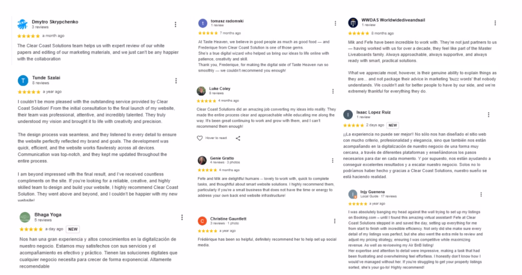 A collage of glowing five-star Google reviews from founders and e-commerce store owners praising Clear Coast Solutions for setting up SOPs, auditing websites, and saving them time.
