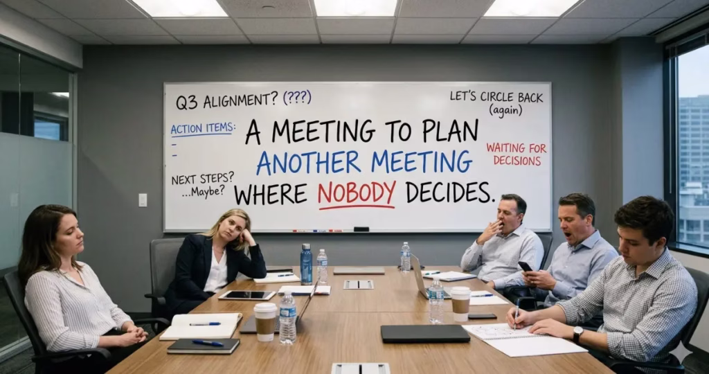 A corporate meeting room where unengaged employees look bored, with a large whiteboard in the background that reads "A meeting to plan another meeting where nobody decides."
